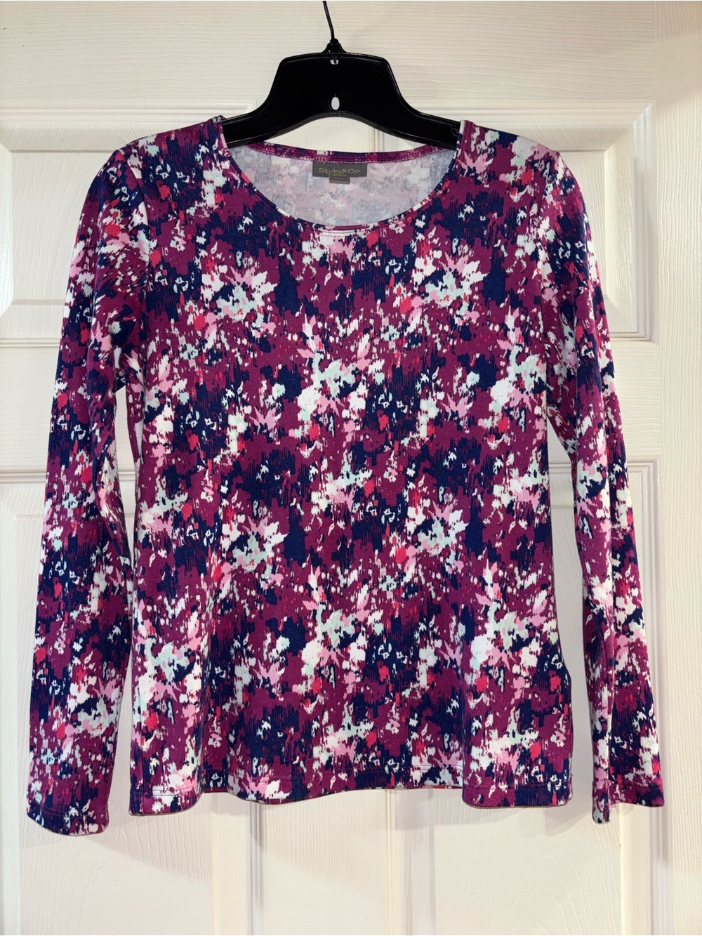 Style & Co. Long Sleeve Scoop Neck Top in Pink Multi